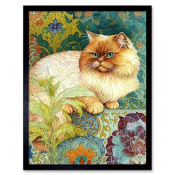 "Artery8 Wall Art Print Orange Persian Cat William Morris Inspired Floral Pattern Colourful Modern Art Framed in Black - Size: W12"" x H16""" - thumbnail 1