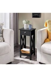 Living and Home 2 Tier Wooden Slim Side Table Bedside Sofa Side Table with Drawer&Shelf Wood Nightstand in Black - thumbnail 3