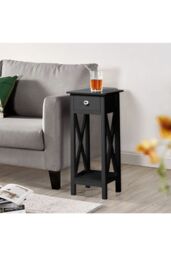 Living and Home 2 Tier Wooden Slim Side Table Bedside Sofa Side Table with Drawer&Shelf Wood Nightstand in Black - thumbnail 2