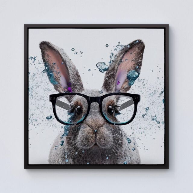 "Warren Reed - Designer Rabbit With Glasses Splashart Framed Canvas in Black - Size: W16"" x H16""" - image 1