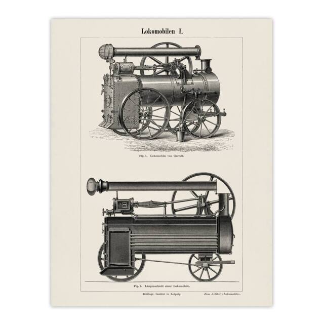 "Artery8 Lokomobilen Locomotive Steam Train Engine Vintage Wall Art Print Poster in White - Size: W18"" x H24""" - image 1