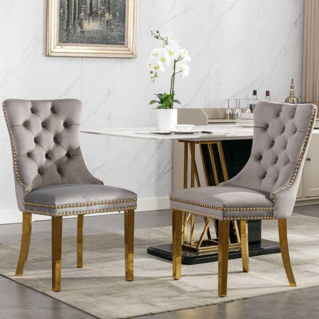 HomeTouch Set of 2 Velvet Dining Chairs with Gold Steel Legs in Grey - Size: 2 Pack - image 1