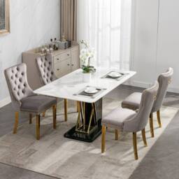 HomeTouch Set of 2 Velvet Dining Chairs with Gold Steel Legs in Grey - Size: 2 Pack - thumbnail 5