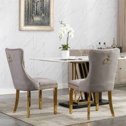 HomeTouch Set of 2 Velvet Dining Chairs with Gold Steel Legs in Grey - Size: 2 Pack - thumbnail 6