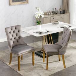 HomeTouch Set of 2 Velvet Dining Chairs with Gold Steel Legs in Grey - Size: 2 Pack - thumbnail 4