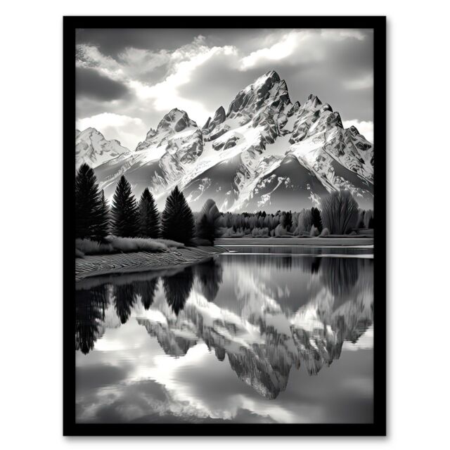 Artery8 Wall Art Print Grand Teton Reflected in Snake River Black & White Framed in Grey - Size: A4 - image 1
