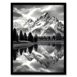 Artery8 Wall Art Print Grand Teton Reflected in Snake River Black & White Framed in Grey - Size: A4 - thumbnail 1