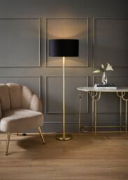 ValueLights Charlie Gold Stem Floor Lamp with Velvet Drum with Gold Inner Lamp Shade in Black