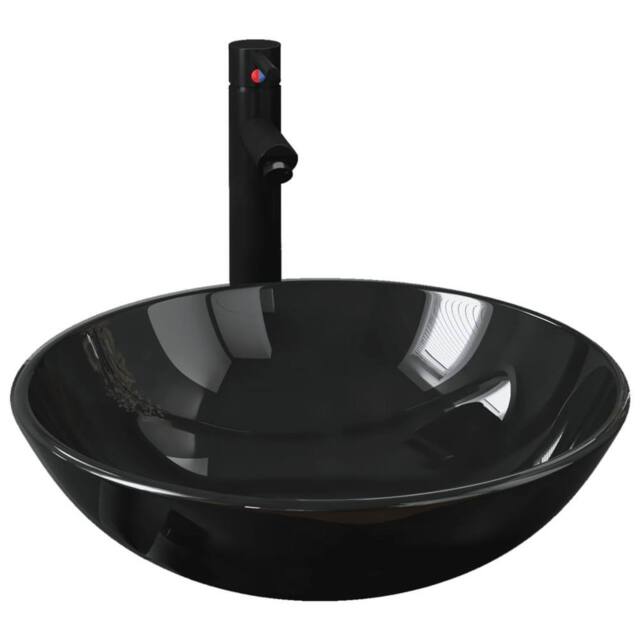 Berkfield Home Bathroom Sink with Tap & Push Drain Black Tempered Glass - image 1