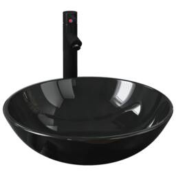 Berkfield Home Bathroom Sink with Tap & Push Drain Black Tempered Glass