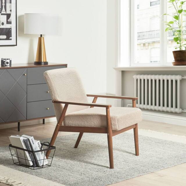 Wyld and Coco Beige Bouclé Armchair - Mid-Century Design with Dark Wood Frame - image 1