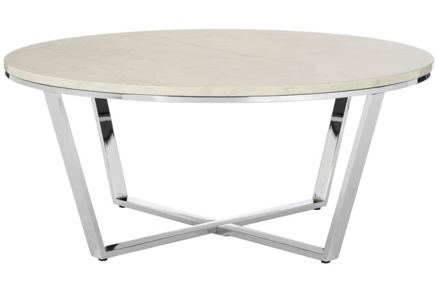 Orsina Round White Faux Marble Coffee Table, Chrome Metal Legs & Lattice Base, Modern Boutique Style Accent Table in Silver - image 1