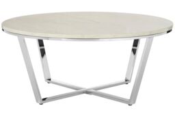 Orsina Round White Faux Marble Coffee Table, Chrome Metal Legs & Lattice Base, Modern Boutique Style Accent Table in Silver