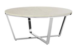 Orsina Round White Faux Marble Coffee Table, Chrome Metal Legs & Lattice Base, Modern Boutique Style Accent Table in Silver - thumbnail 2