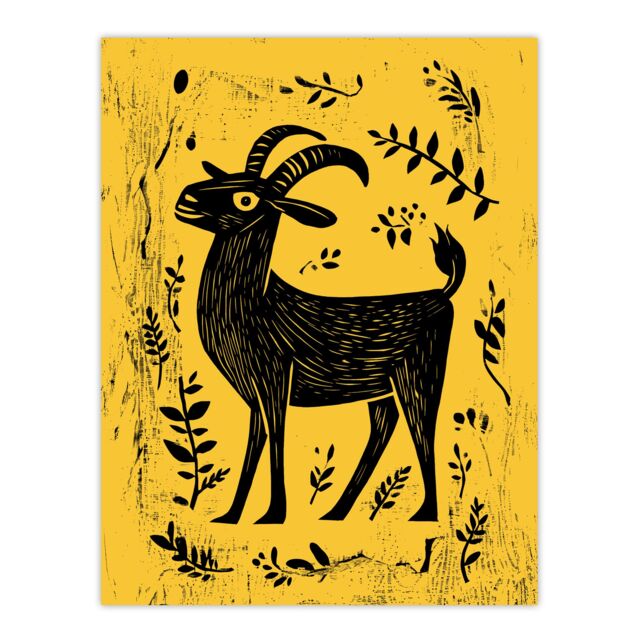 "Artery8 Goat Plant Leaves Simple Black Yellow Folk Art Wall Art Print in Mustard - Size: W24"" x H32""" - image 1