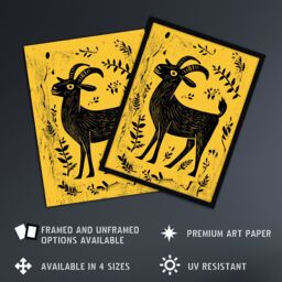 "Artery8 Goat Plant Leaves Simple Black Yellow Folk Art Wall Art Print in Mustard - Size: W24"" x H32""" - thumbnail 2