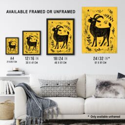 "Artery8 Goat Plant Leaves Simple Black Yellow Folk Art Wall Art Print in Mustard - Size: W24"" x H32""" - thumbnail 3