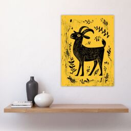 "Artery8 Goat Plant Leaves Simple Black Yellow Folk Art Wall Art Print in Mustard - Size: W24"" x H32""" - thumbnail 4