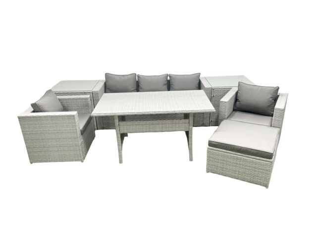 Fimous Garden Dining Set Outdoor Rattan Furniture Set with Sofa Dining Table 2 Chairs Big Footstool 2 Side Tables Light Grey Mixed - image 1