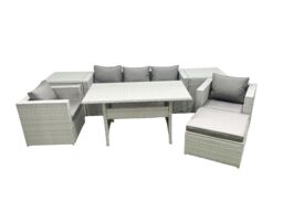 Fimous Garden Dining Set Outdoor Rattan Furniture Set with Sofa Dining Table 2 Chairs Big Footstool 2 Side Tables Light Grey Mixed - thumbnail 1