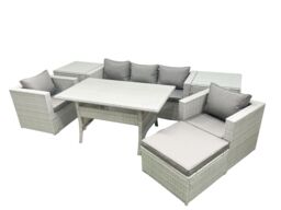 Fimous Garden Dining Set Outdoor Rattan Furniture Set with Sofa Dining Table 2 Chairs Big Footstool 2 Side Tables Light Grey Mixed - thumbnail 2