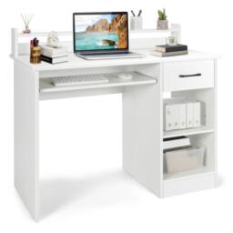 Costway Wooden Computer Desk W/ Keyboard Tray Writing Workstation Vanity Table in White - thumbnail 3