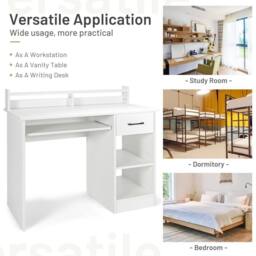 Costway Wooden Computer Desk W/ Keyboard Tray Writing Workstation Vanity Table in White - thumbnail 9
