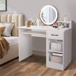 Costway Wooden Computer Desk W/ Keyboard Tray Writing Workstation Vanity Table in White - thumbnail 4