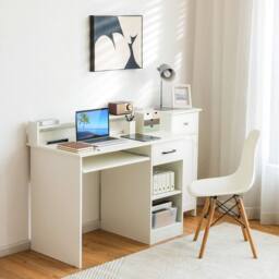 Costway Wooden Computer Desk W/ Keyboard Tray Writing Workstation Vanity Table in White - thumbnail 1