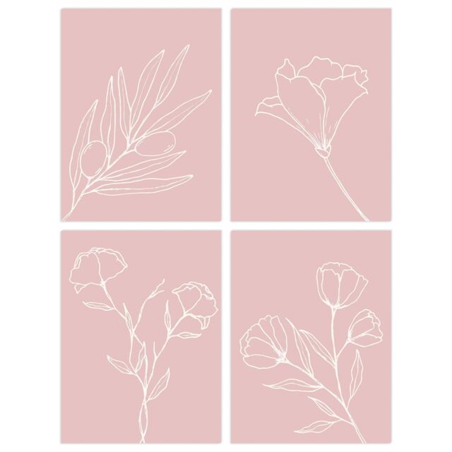 Wee Blue Coo Pack of 4 Minimalist Wildflower Outline Cream on Pastel Pink Simple Floral Unframed Wall Art Living Room Prints Set in Pale Pink - image 1