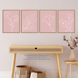 Wee Blue Coo Pack of 4 Minimalist Wildflower Outline Cream on Pastel Pink Simple Floral Unframed Wall Art Living Room Prints Set in Pale Pink - thumbnail 2