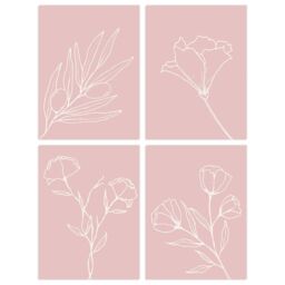 Wee Blue Coo Pack of 4 Minimalist Wildflower Outline Cream on Pastel Pink Simple Floral Unframed Wall Art Living Room Prints Set in Pale Pink - thumbnail 1