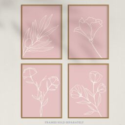 Wee Blue Coo Pack of 4 Minimalist Wildflower Outline Cream on Pastel Pink Simple Floral Unframed Wall Art Living Room Prints Set in Pale Pink - thumbnail 5