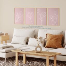 Wee Blue Coo Pack of 4 Minimalist Wildflower Outline Cream on Pastel Pink Simple Floral Unframed Wall Art Living Room Prints Set in Pale Pink - thumbnail 3