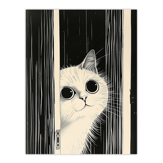 "Artery8 Cute Kitty Black White Cat Lover Pet Painting Wall Art Print - Size: W12"" x H16""" - image 1