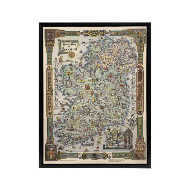 "Artery8 Map Color Text 1936 Story Ireland Framed Canvas Wall Art Print - Size: W12"" x H16""" - image 1