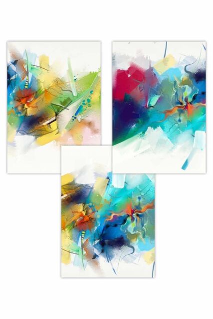 ARTZE Set of 3 Abstract Colourful Pink Blue Yellow Mixed Media Fractal Art Posters - Size: W50 cm x H70 cm - image 1