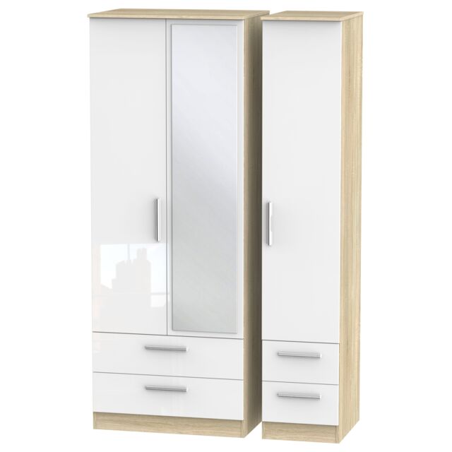 Ready Assembled 2 U Trent Tall Triple 2 Drawer Mirror + Drawer Wardrobe (Ready Assembled) in White