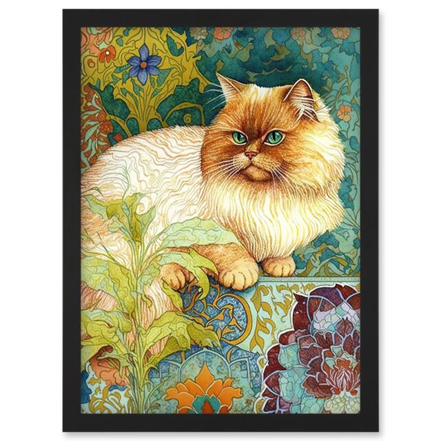 Artery8 Orange Persian Cat William Morris Inspired Floral Pattern Colourful Modern Illustration Artwork Framed Wall Art Print A4 in Black - image 1