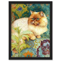 Artery8 Orange Persian Cat William Morris Inspired Floral Pattern Colourful Modern Illustration Artwork Framed Wall Art Print A4 in Black - thumbnail 1