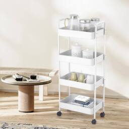 EONLION 4 Tier Shelf Plastic Slim Storage Trolley Cart Castor in White - thumbnail 2