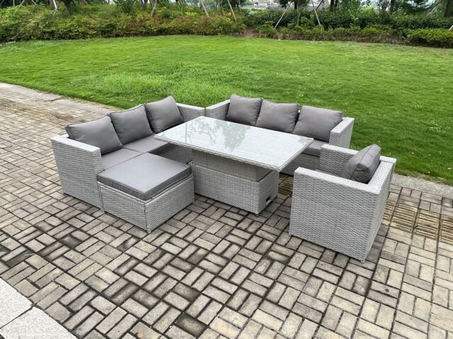 Fimous Outdoor PE Rattan Garden Funiture Set Height Adjustable Rising Lifting Table Sofa Dining Set with Armchair in Light Grey - image 1