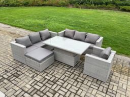 Fimous Outdoor PE Rattan Garden Funiture Set Height Adjustable Rising Lifting Table Sofa Dining Set with Armchair in Light Grey - thumbnail 2