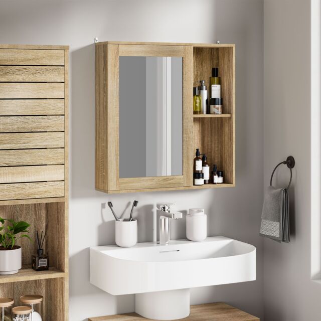 VonHaus Chester Wall Mounted Oak Wood Effect Bathroom Mirror Cabinet in Bronze - image 1