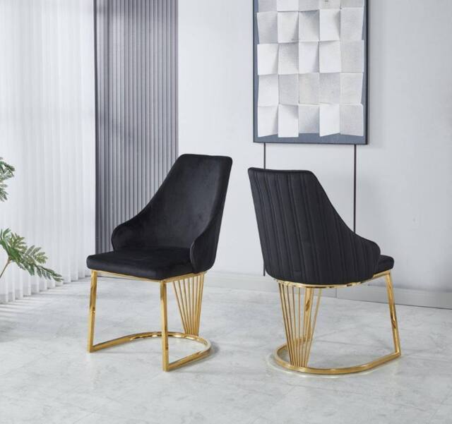 Modernique Set of 2 Velvet Upholstered Dining Chairs with Golden Metal Legs in Black - image 1
