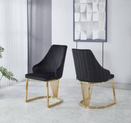 Modernique Set of 2 Velvet Upholstered Dining Chairs with Golden Metal Legs in Black