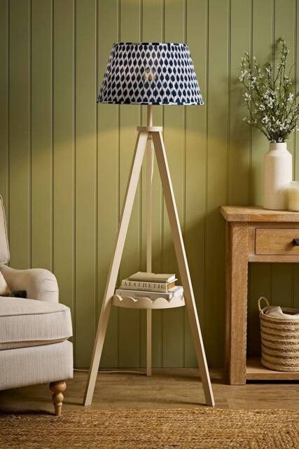 ValueLights Morrigan Ikat Pleated Shade Scallop Shelf Cream Wood Tripod Floor Lamp in Bright Blue - image 1