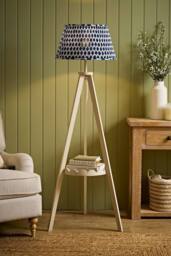 ValueLights Morrigan Ikat Pleated Shade Scallop Shelf Cream Wood Tripod Floor Lamp in Bright Blue - thumbnail 1