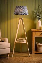 ValueLights Morrigan Ikat Pleated Shade Scallop Shelf Cream Wood Tripod Floor Lamp in Bright Blue - thumbnail 2