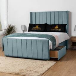UK Bed Furniture Seoul Wingback Divan Bed with 54 Inch Headboard & 2 Drawers Foot End in Light Blue - Size: King - thumbnail 1